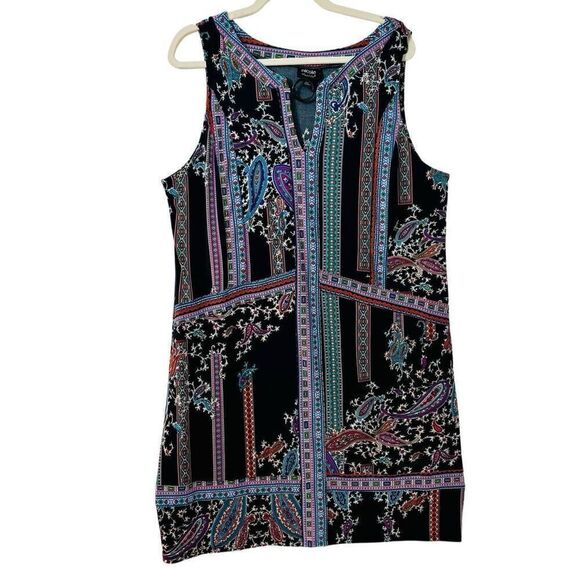 Nicole by Nicole Miller ring keyhole neck placed print bright on black sleeveles - Picture 1 of 14